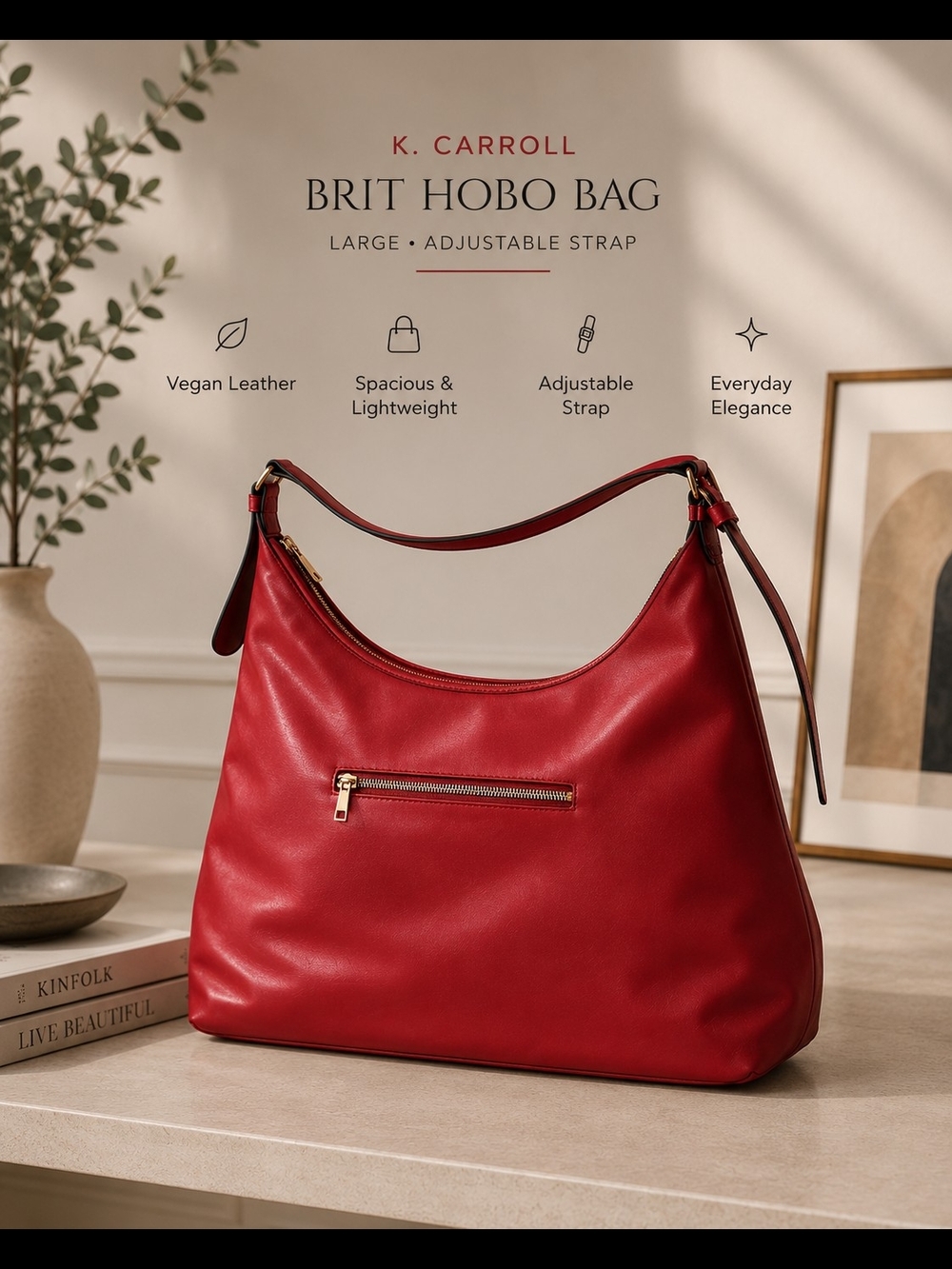 Red Vegan Hobo Leather Handbag